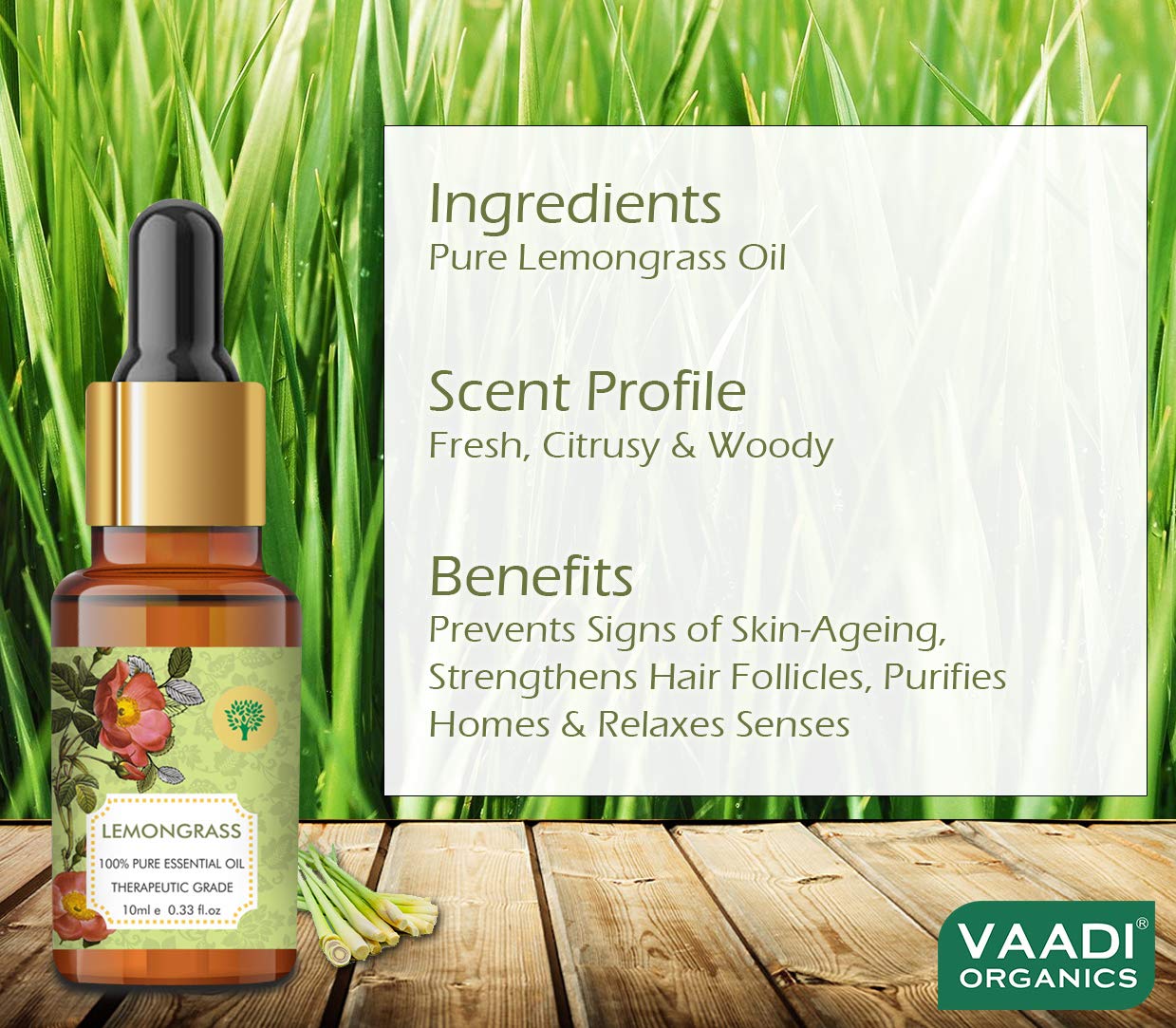 Vaadi Herbals Lemongrass Essential Oil - Reduces Stress & Depression, Prevents Hairfall, Prevents Skin Ageing - 100% Pure Therapeutic Grade, 10 ml – view 4