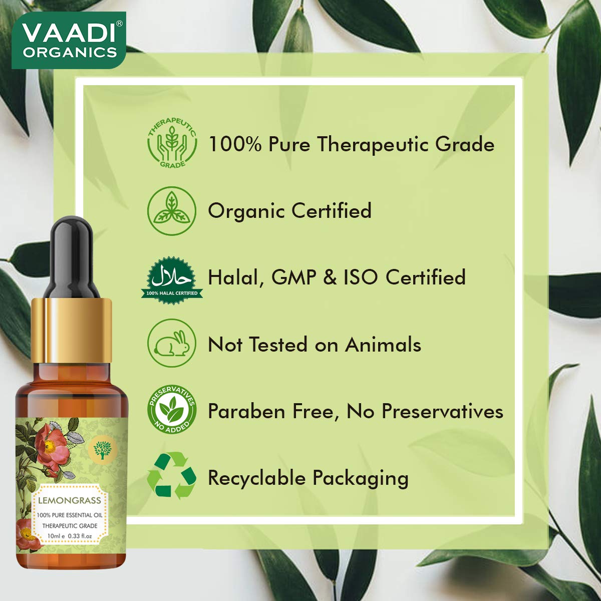 Vaadi Herbals Lemongrass Essential Oil - Reduces Stress & Depression, Prevents Hairfall, Prevents Skin Ageing - 100% Pure Therapeutic Grade, 10 ml – view 5