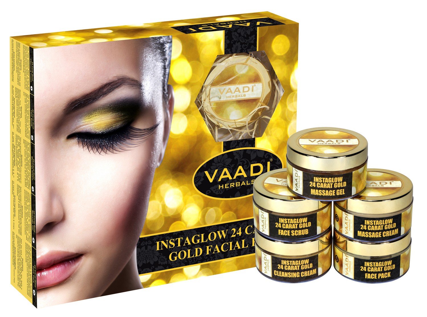 Vaadi Herbals gold facial kit packaging with three facial care steps