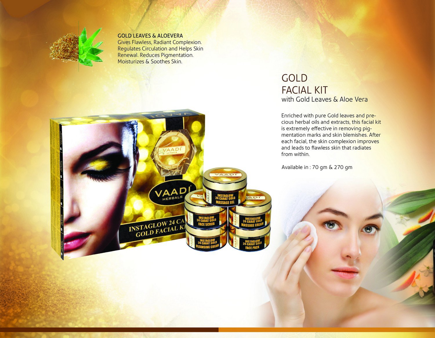 Vaadi Herbals Gold Facial Kit (24 Carat Gold Leaves, Marigold, Wheatgerm Oil, Lemon Peel Extract), 270g – view 3