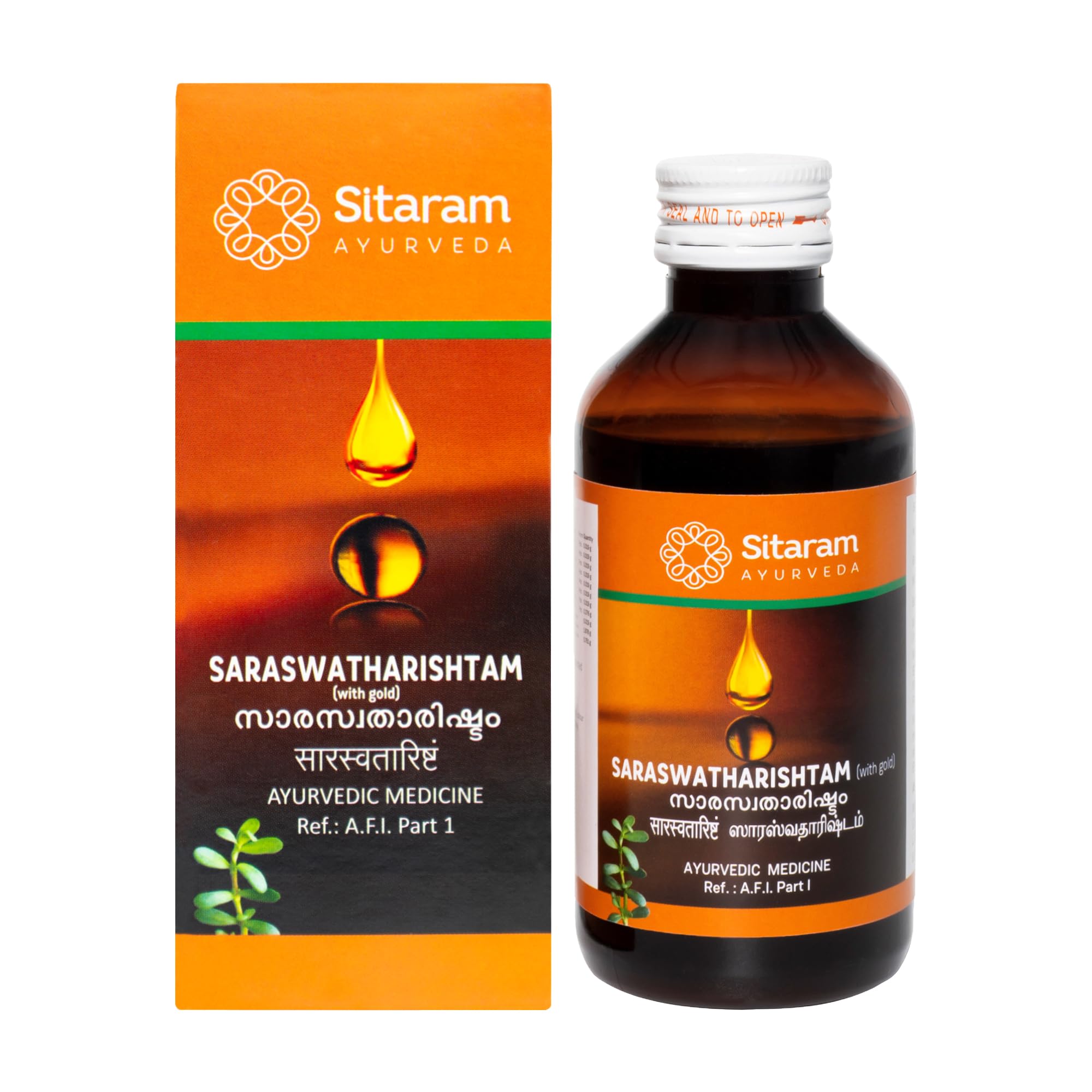 Bottle of Sitaram Saraswatharishtam liquid Ayurvedic tonic 200 ml