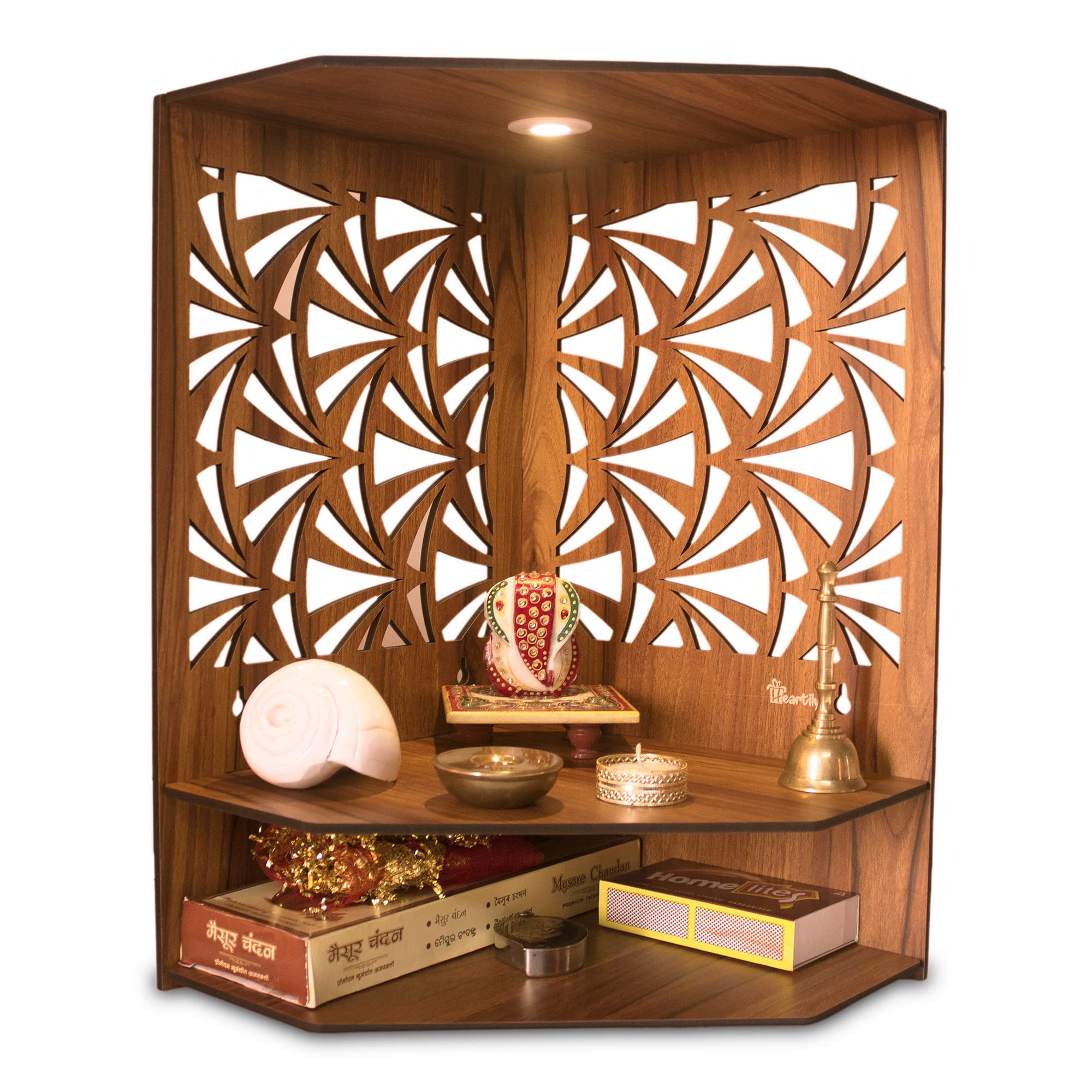 Heartily Pushp Beautiful Corner Wooden Pooja Stand Mandir for Home Temple for Office Puja Mandir for Home Wall with LED Spot Light Product (H- 17, L- 10, W-15 Inch)