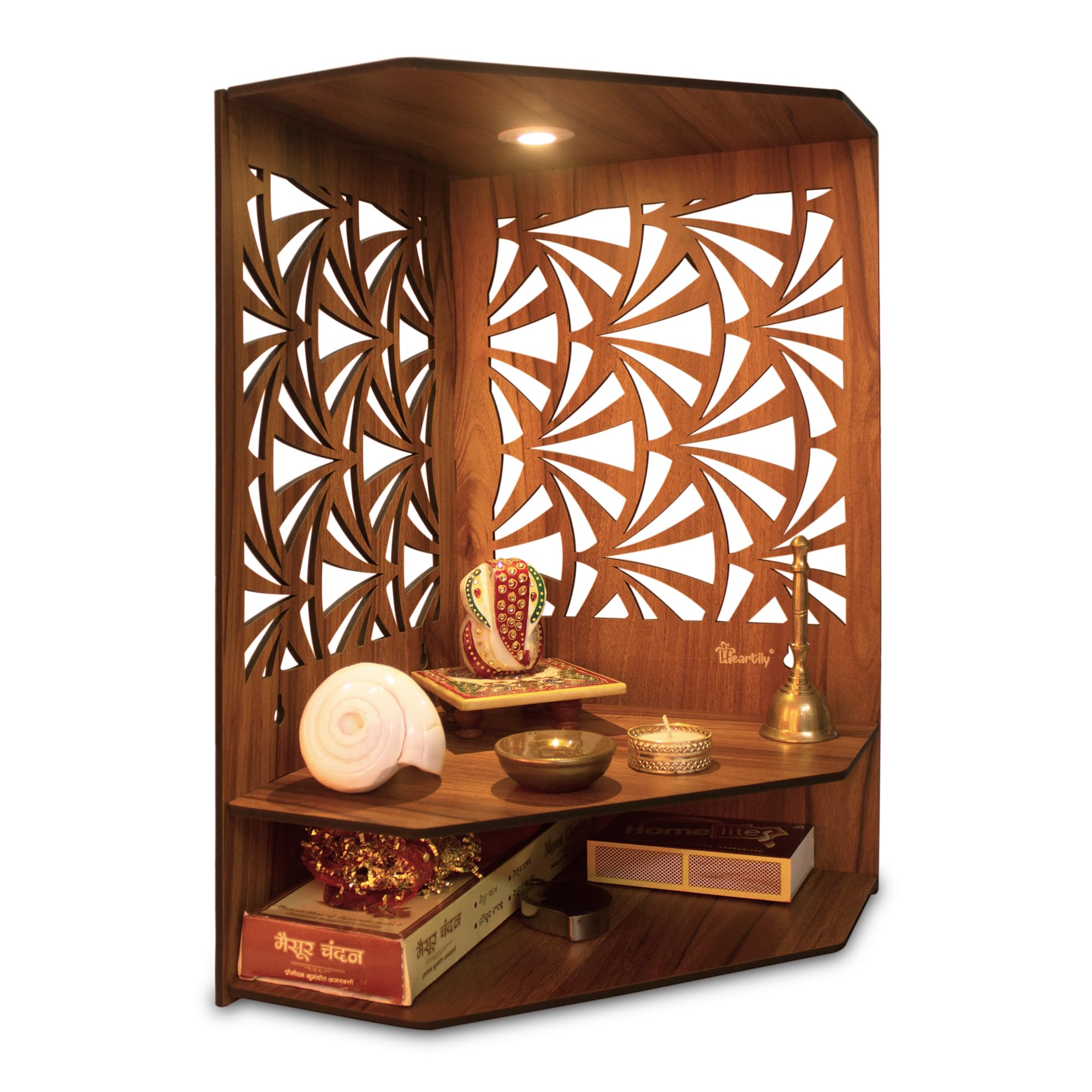 Heartily Pushp Beautiful Corner Wooden Pooja Stand Mandir for Home Temple for Office Puja Mandir for Home Wall with LED Spot Light Product (H- 17, L- 10, W-15 Inch) – view 2