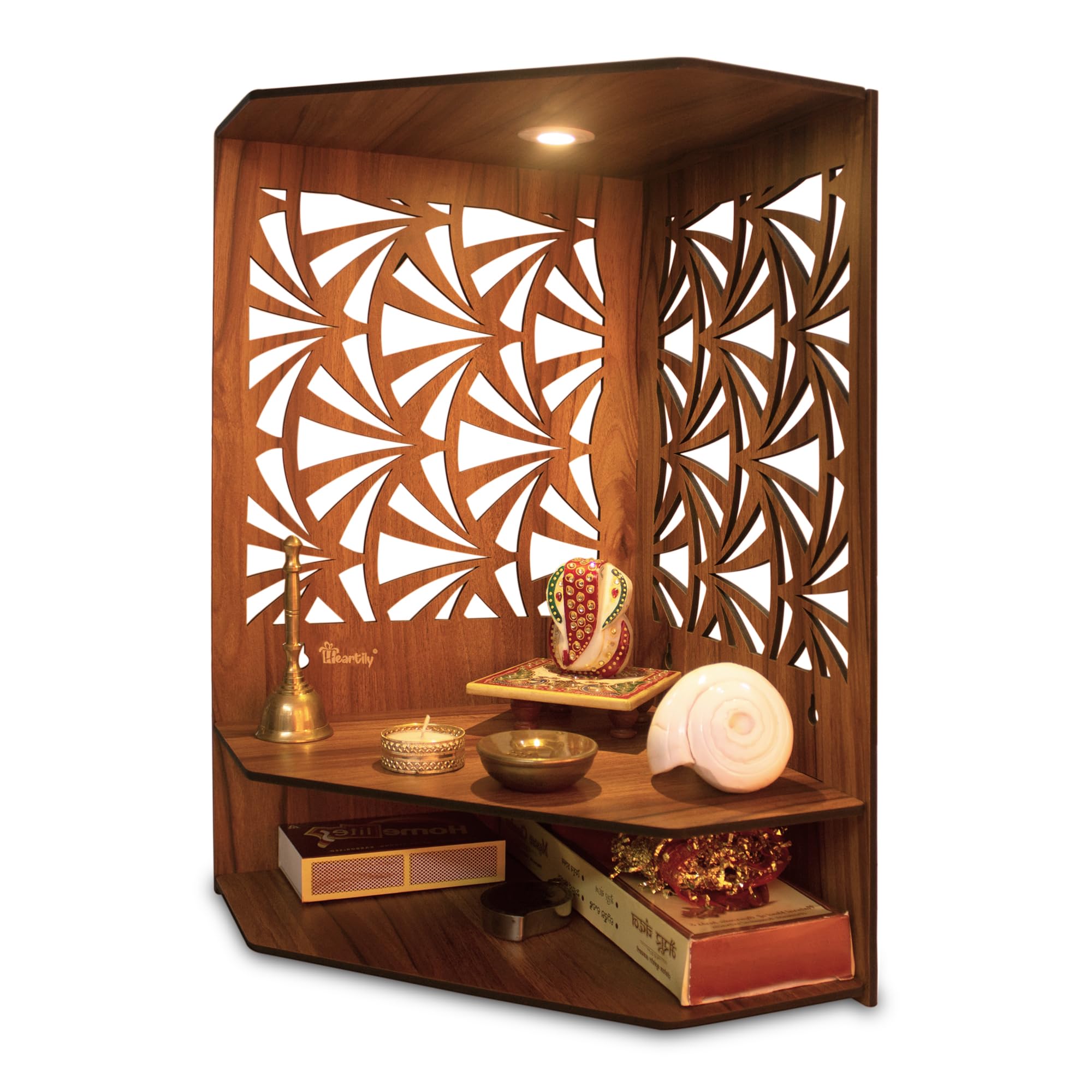 Heartily Pushp Beautiful Corner Wooden Pooja Stand Mandir for Home Temple for Office Puja Mandir for Home Wall with LED Spot Light Product (H- 17, L- 10, W-15 Inch) – view 3