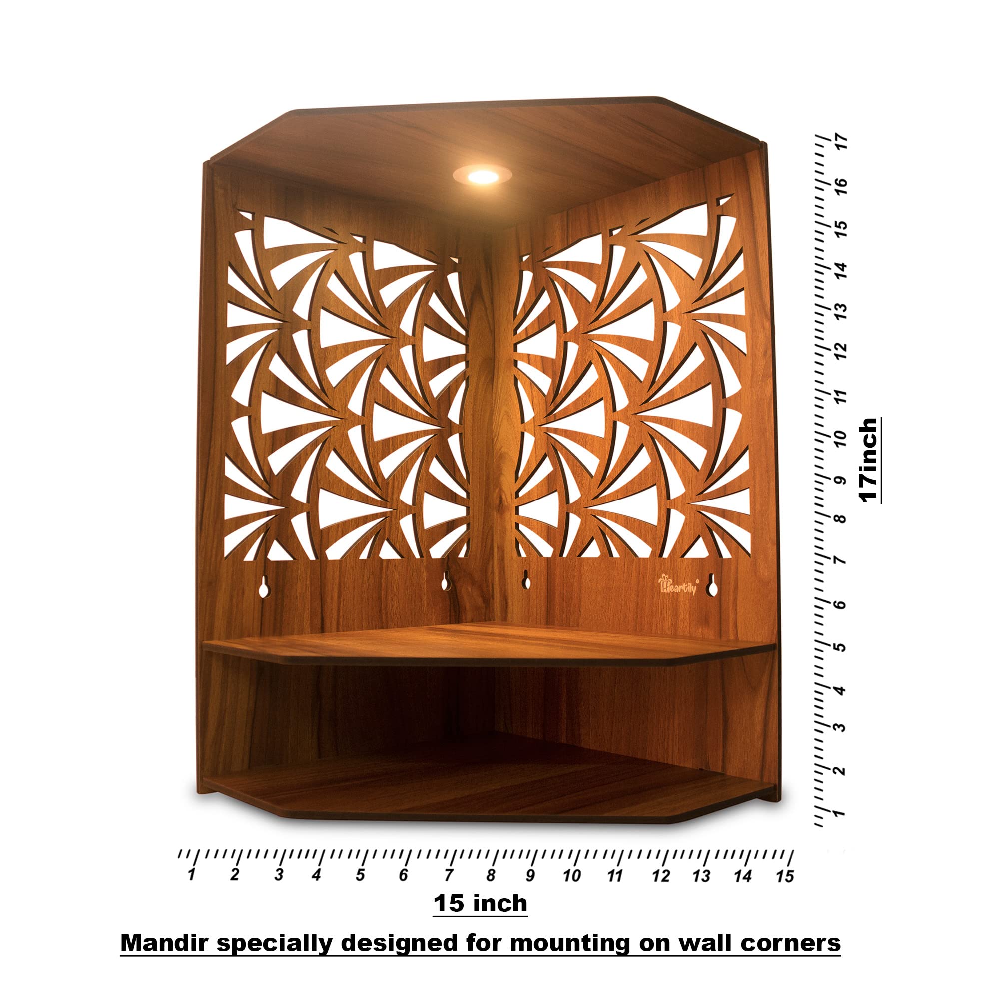 Heartily Pushp Beautiful Corner Wooden Pooja Stand Mandir for Home Temple for Office Puja Mandir for Home Wall with LED Spot Light Product (H- 17, L- 10, W-15 Inch) – view 4