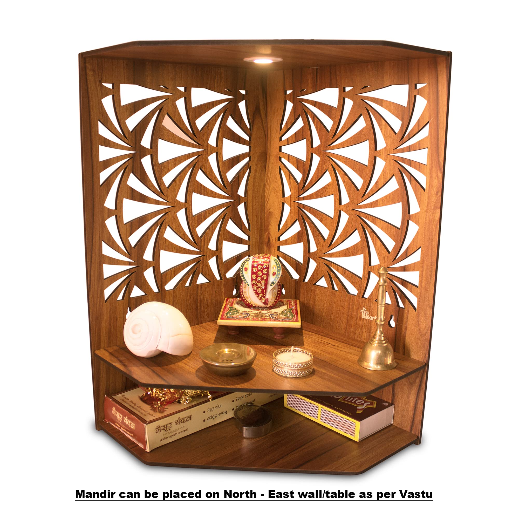 Heartily Pushp Beautiful Corner Wooden Pooja Stand Mandir for Home Temple for Office Puja Mandir for Home Wall with LED Spot Light Product (H- 17, L- 10, W-15 Inch) – view 5