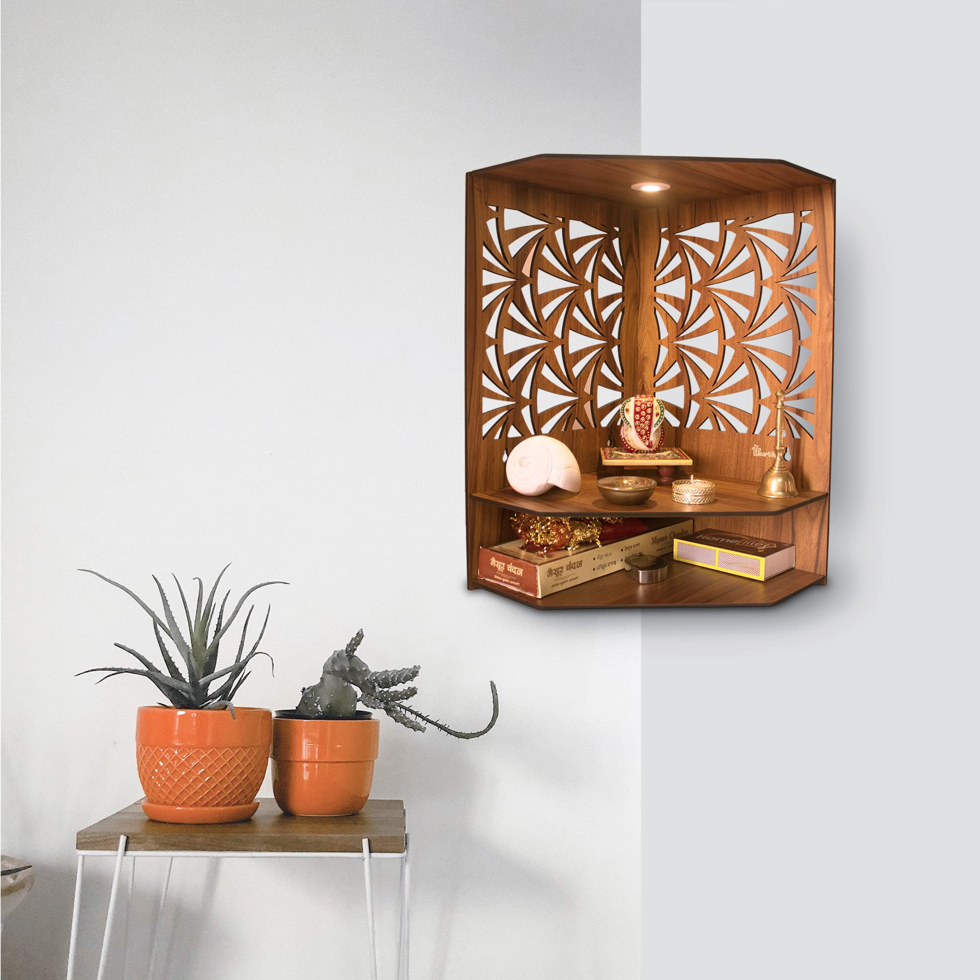 Heartily Pushp Beautiful Corner Wooden Pooja Stand Mandir for Home Temple for Office Puja Mandir for Home Wall with LED Spot Light Product (H- 17, L- 10, W-15 Inch) – view 7