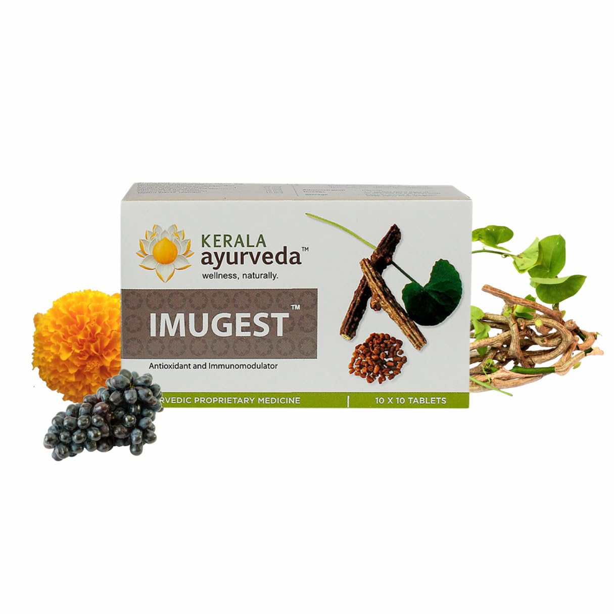 Front view of Kerala Ayurveda Imugest tablets bottle