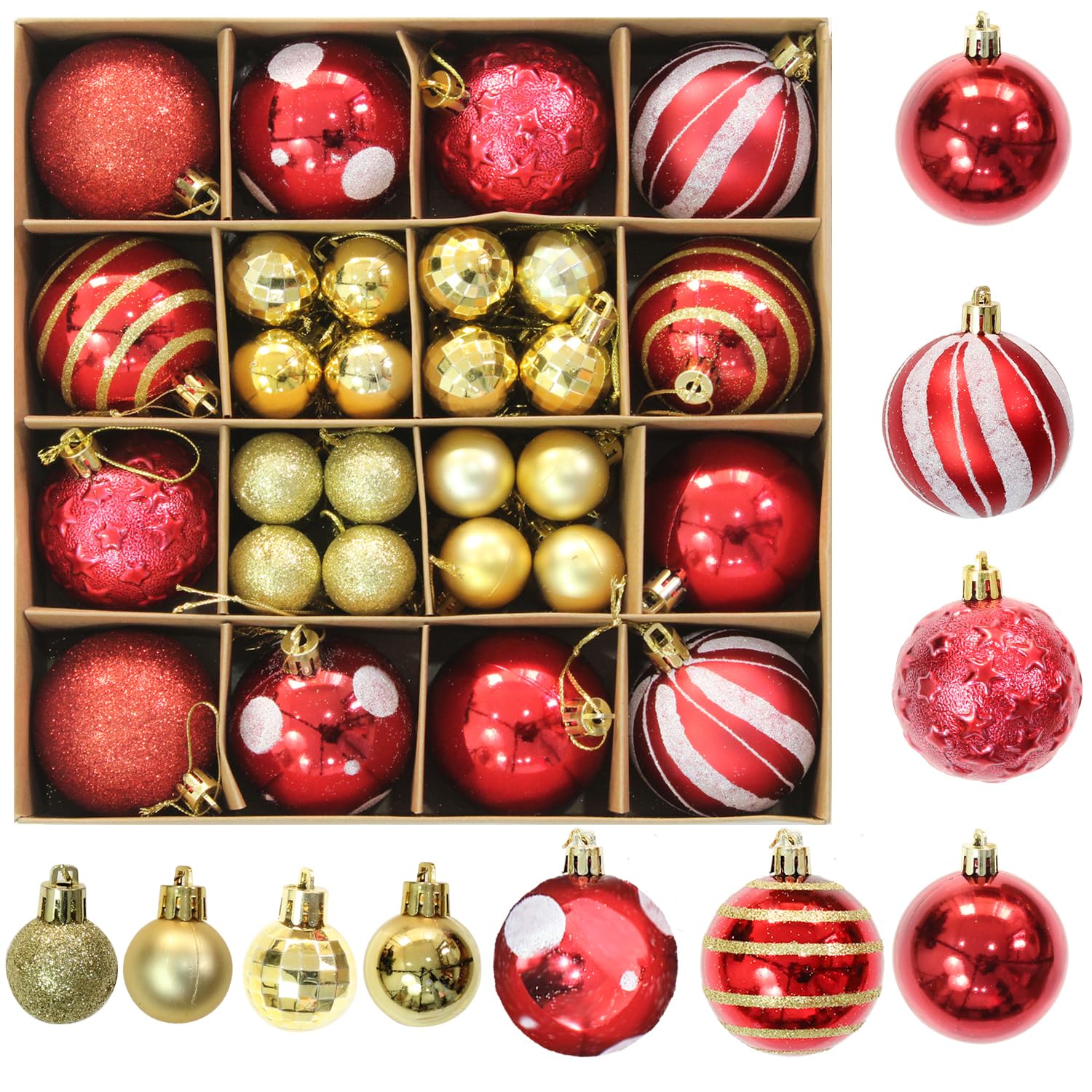 Round multicolor Christmas tree ornaments set in two sizes for hanging
