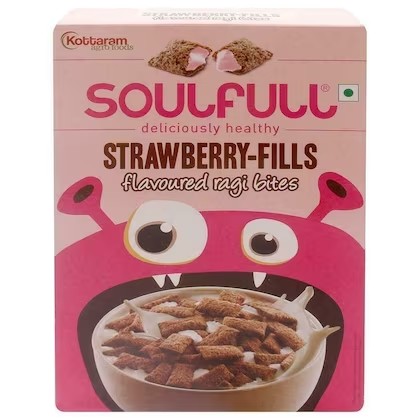 Front pack of Soulfull strawberry ragi bites cereal, 250 g