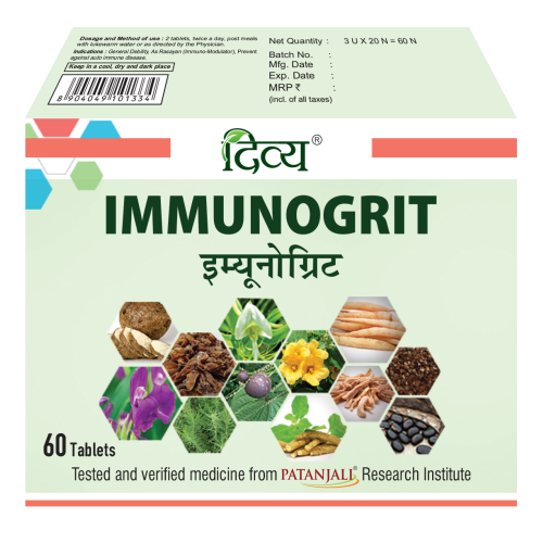 Front pack of Patanjali Divya Immunogrit immune support tablets