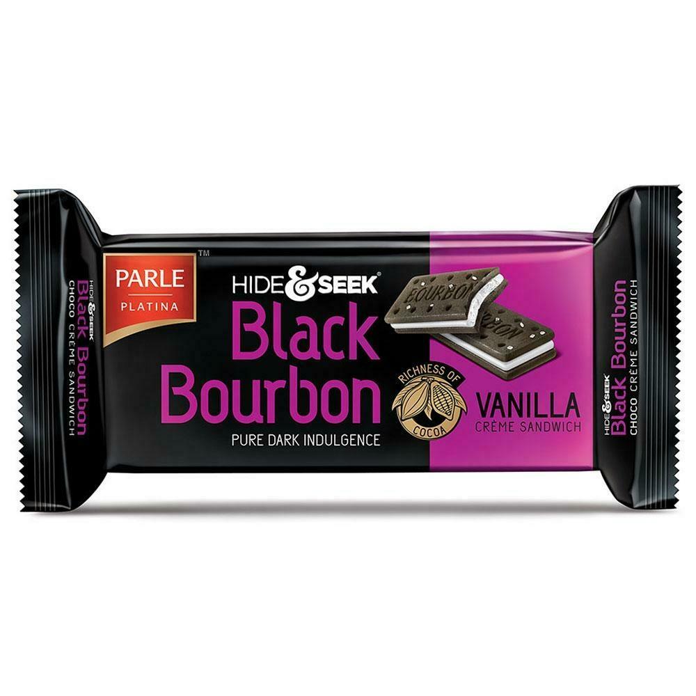Front pack of Parle black bourbon vanilla creme sandwich biscuits