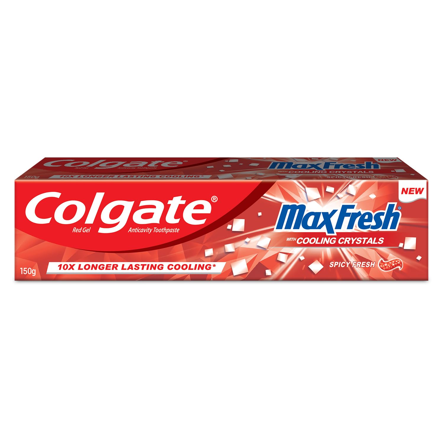Colgate MaxFresh toothpaste tube with red gel spicy fresh formula