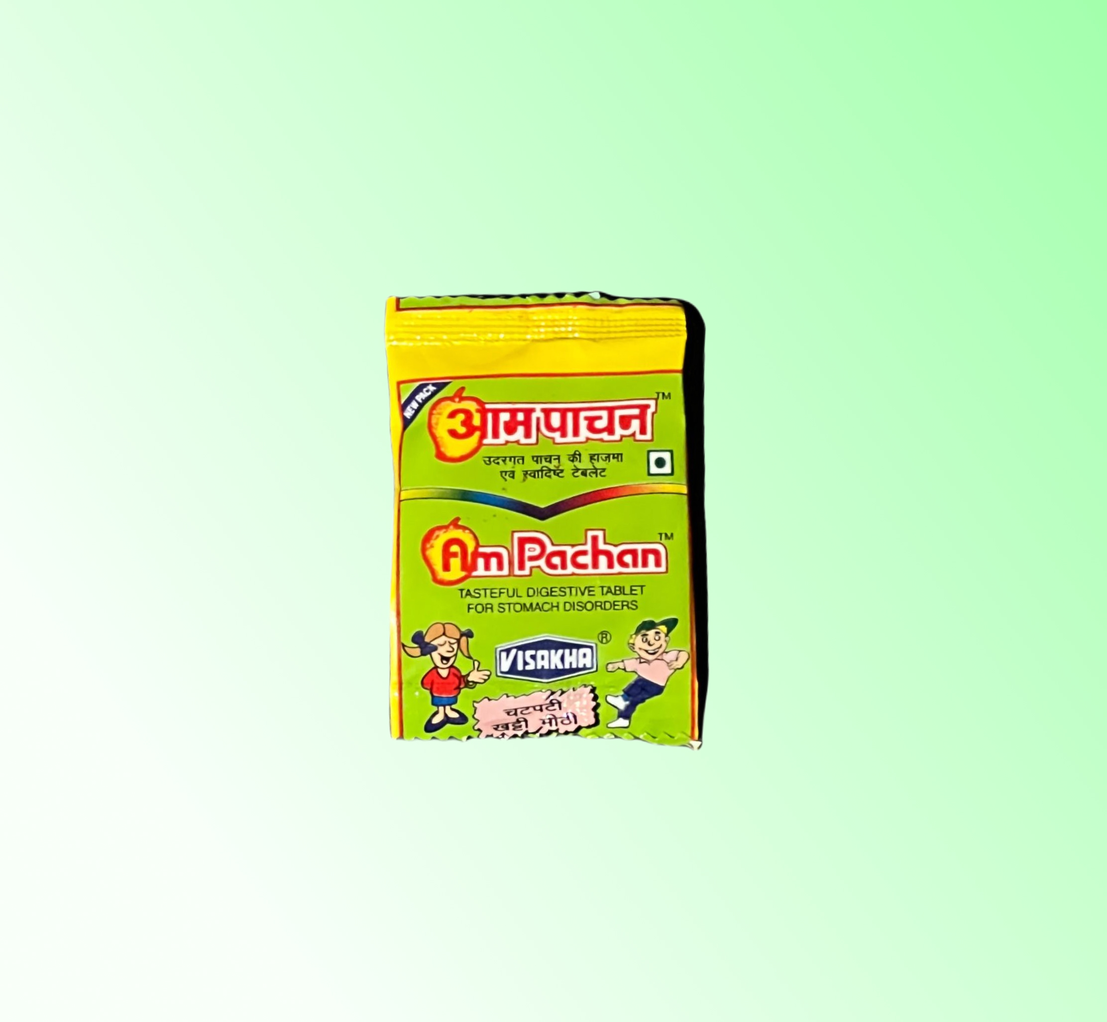 Mango flavored Aam Pachan goli sachet pack front view