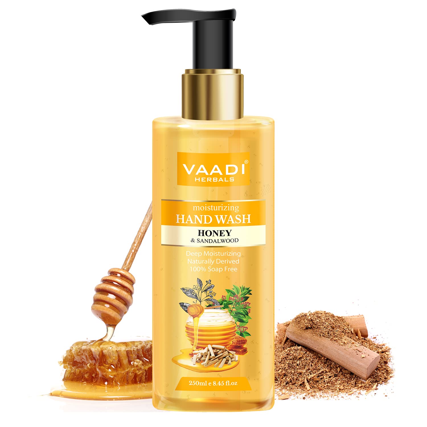 Front bottle of Vaadi honey sandal hand wash 250 ml