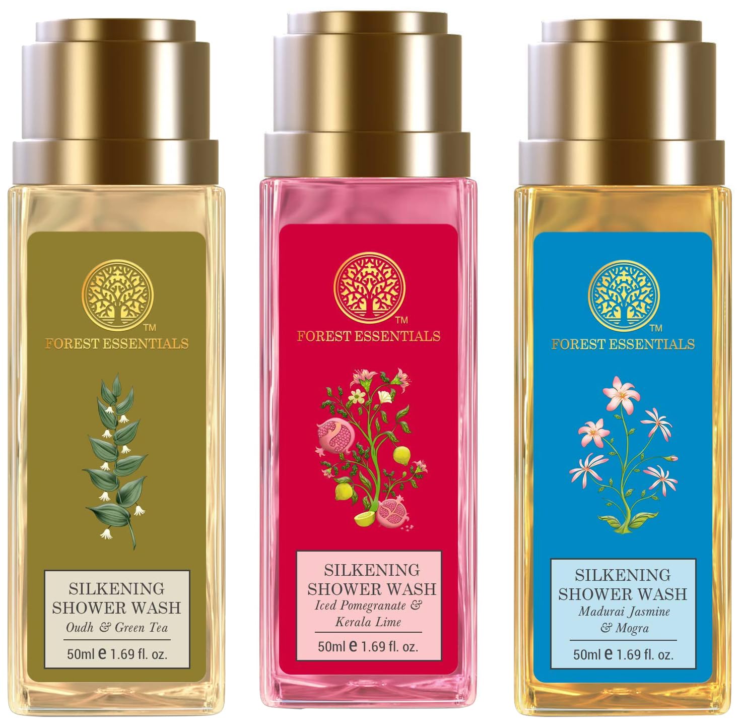 Forest Essentials shower wash range with Iced Pomegranate Oudh and Jasmine