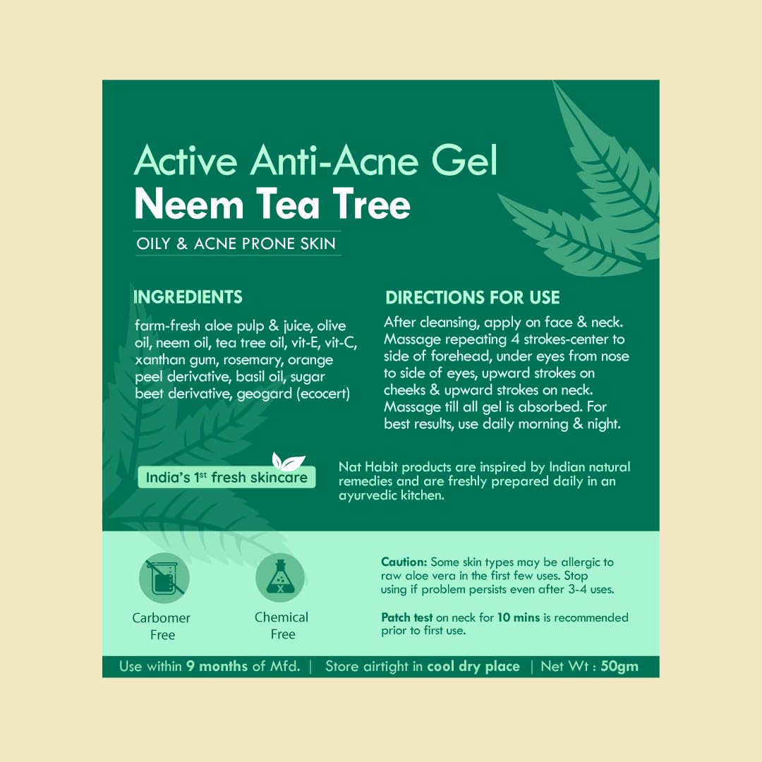 Nat Habit Active Face Gel, Anti-Acne Neem Tea-Tree For Oily & Acne Prone Skin With Vit-E, Vit C, Cooling, Soothing, SunBurn Healing & UV Protection, 50gm – view 9