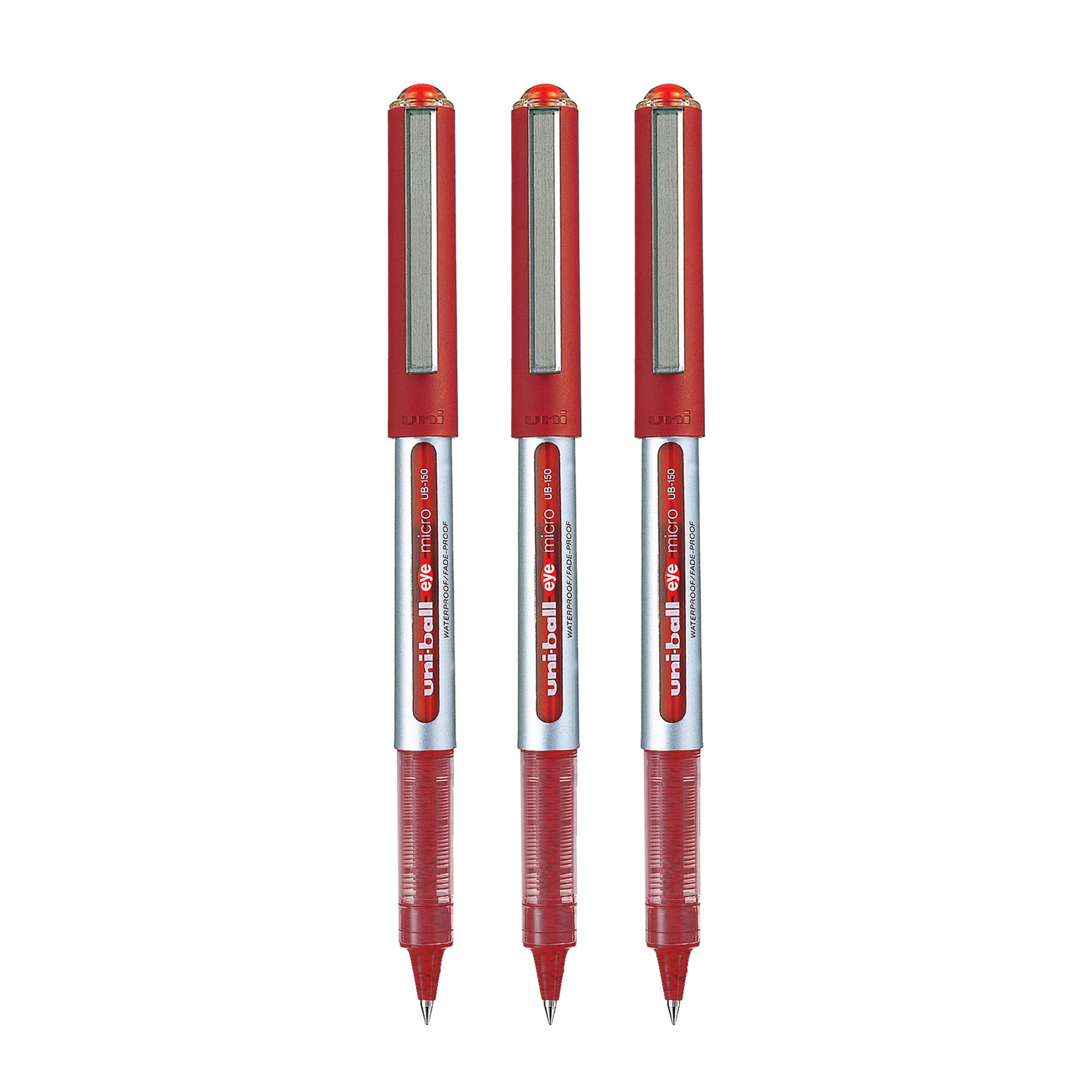 Pack of three uni-ball Eye UB150 red roller ball pens