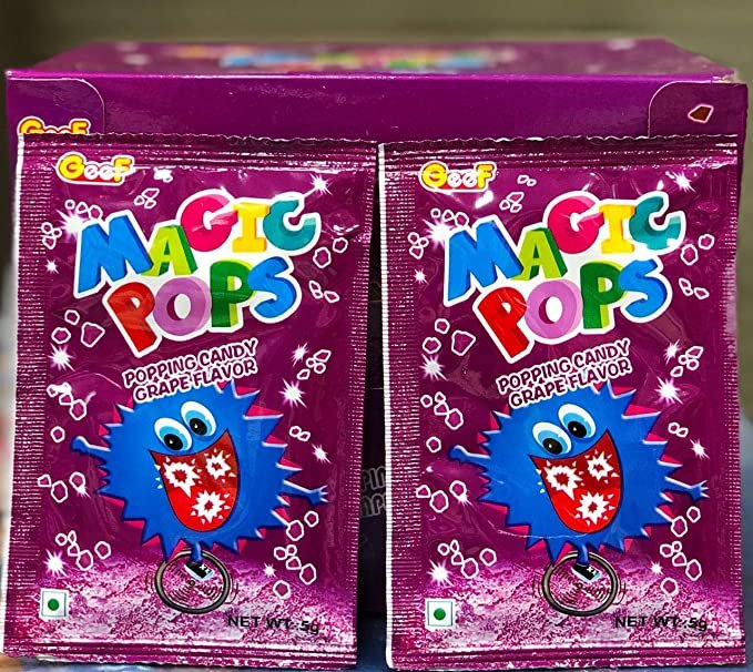 Purple box of grape flavored crackling fizzy candy sachets