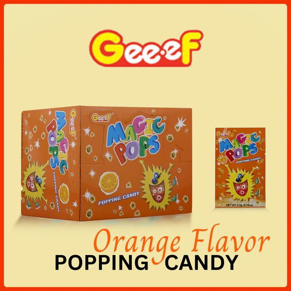 Front of Gee.ef Magic Pops orange popping candy bag