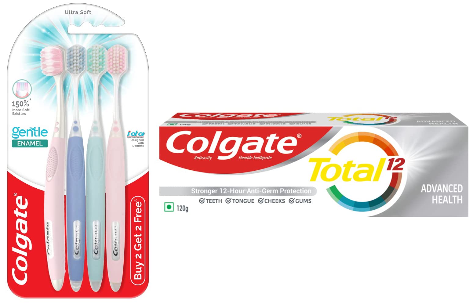 Four multicolour enamel care toothbrushes and Colgate toothpaste pack