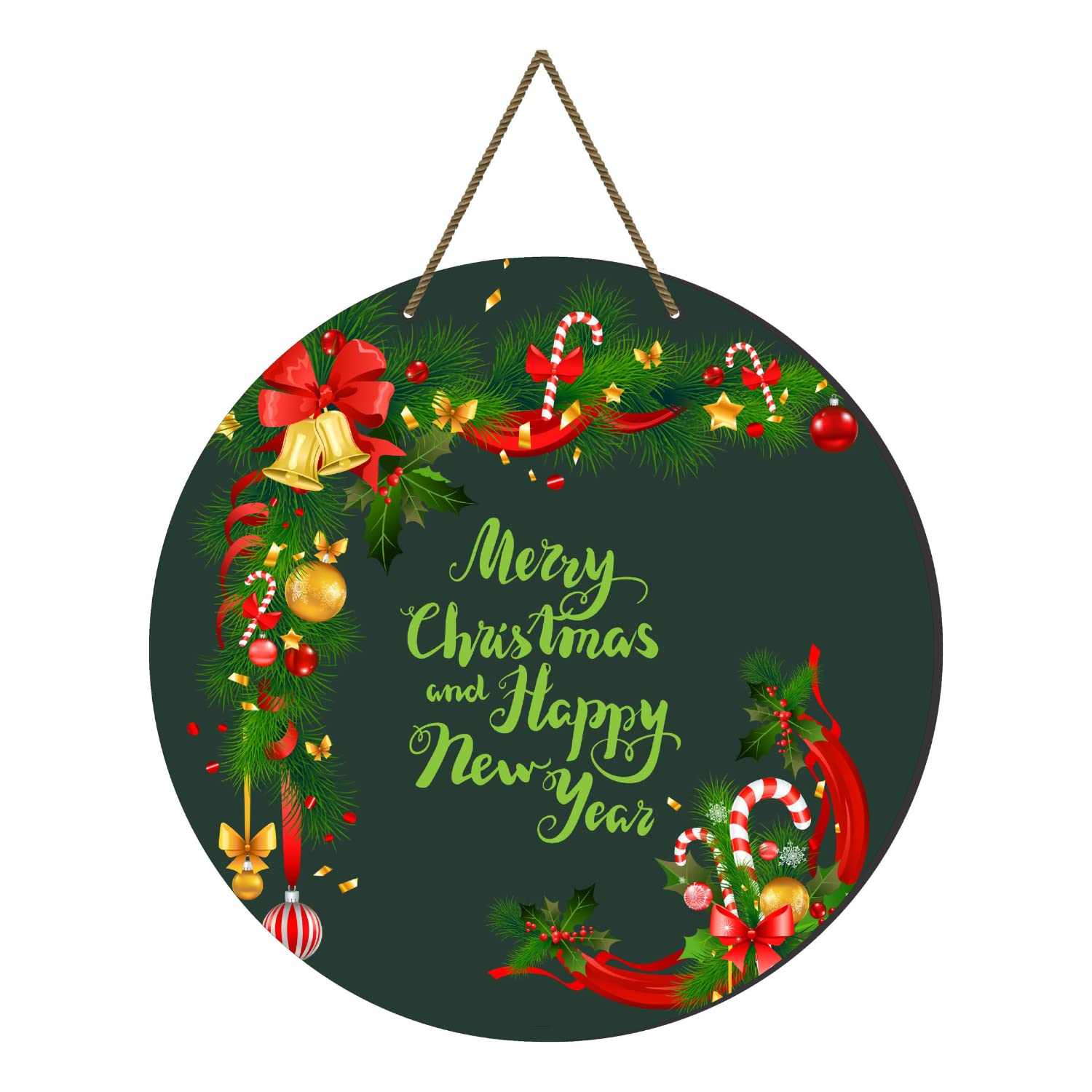 Round green Christmas door hanging with festive printed wooden design