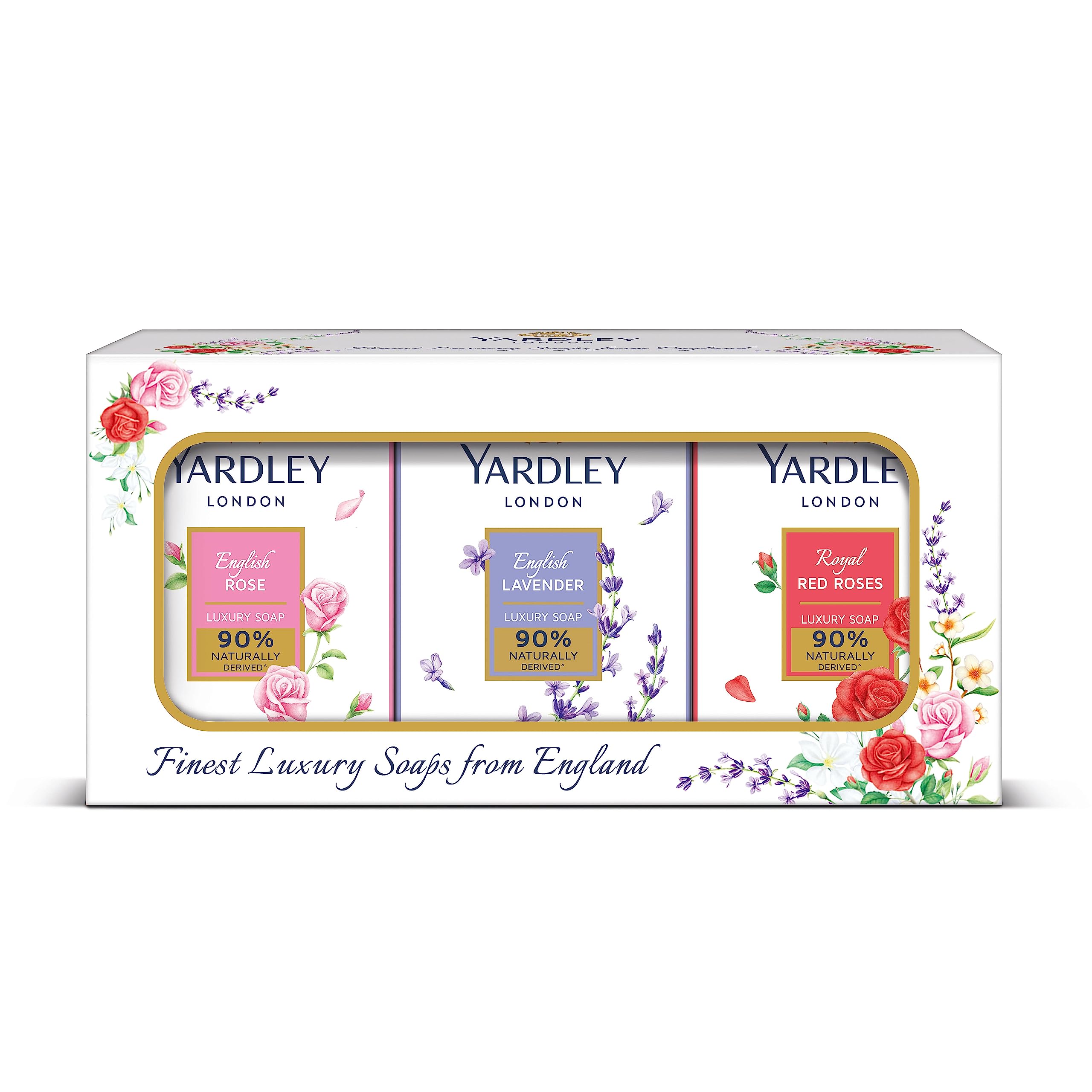 Six Yardley London soaps in lavender and rose fragrances