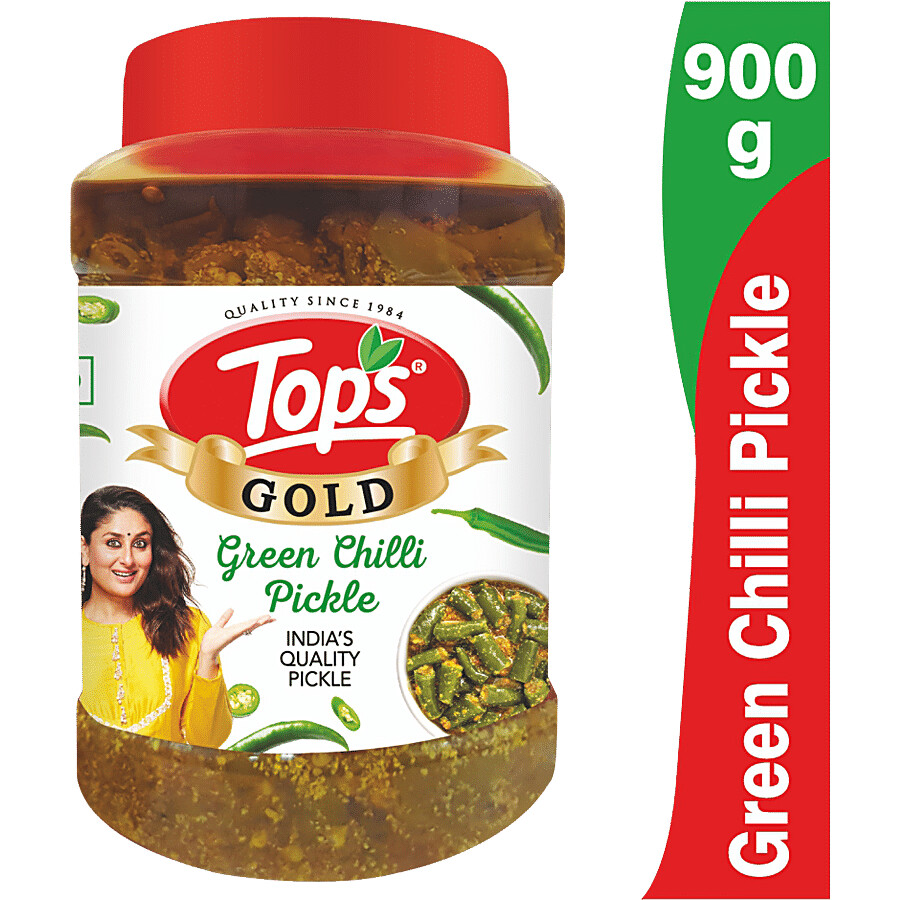 Tops Gold green chilli pickle jar for Indian meals