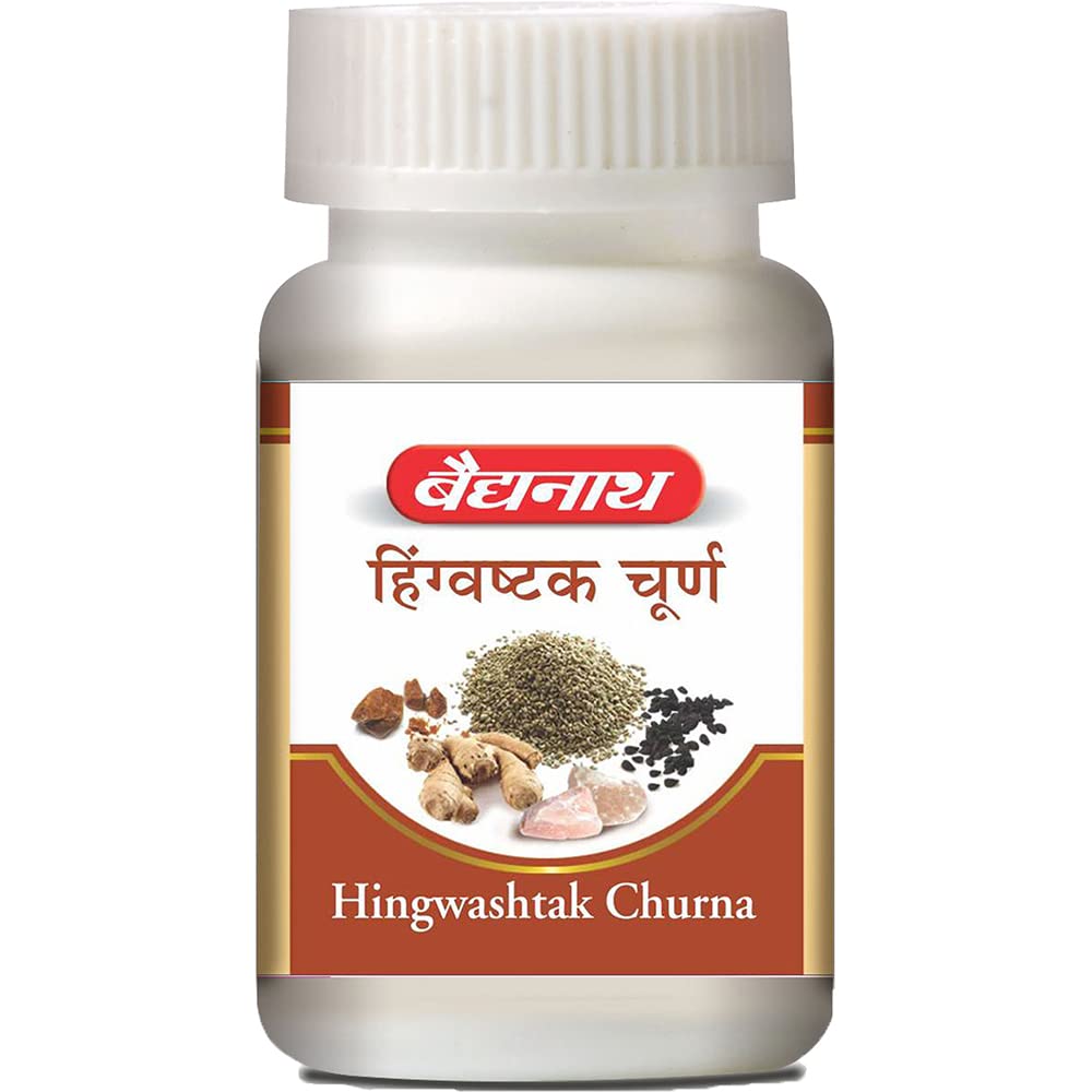 Front label of Baidyanath Hingwashtak Churna digestive powder bottle