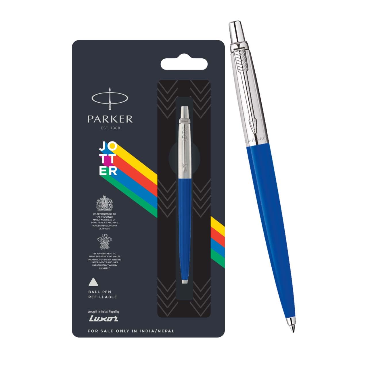 Blue Parker Jotter refillable ballpoint pen with chrome trim clip