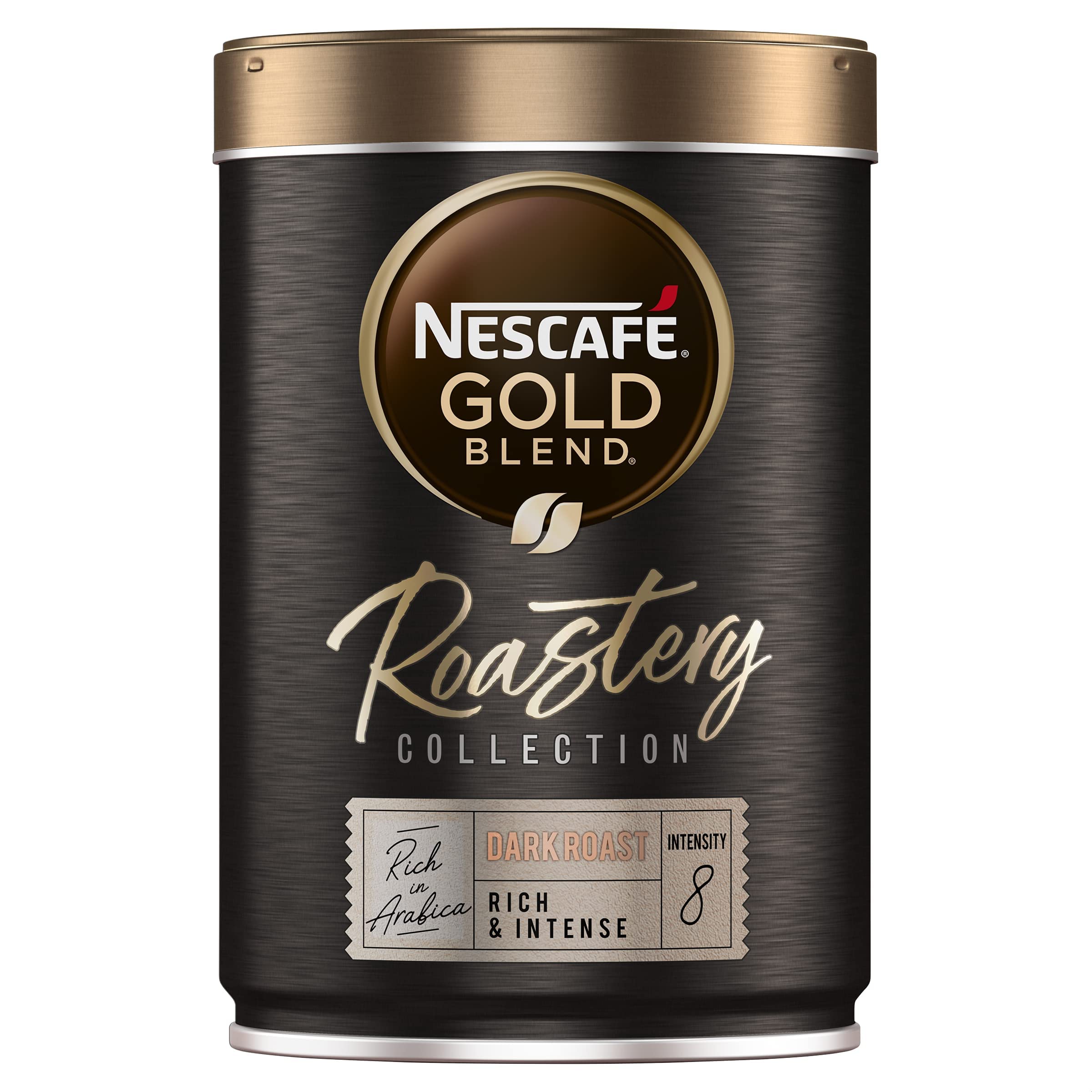 Front view of Nescafe Roastery Collection dark roast coffee tin