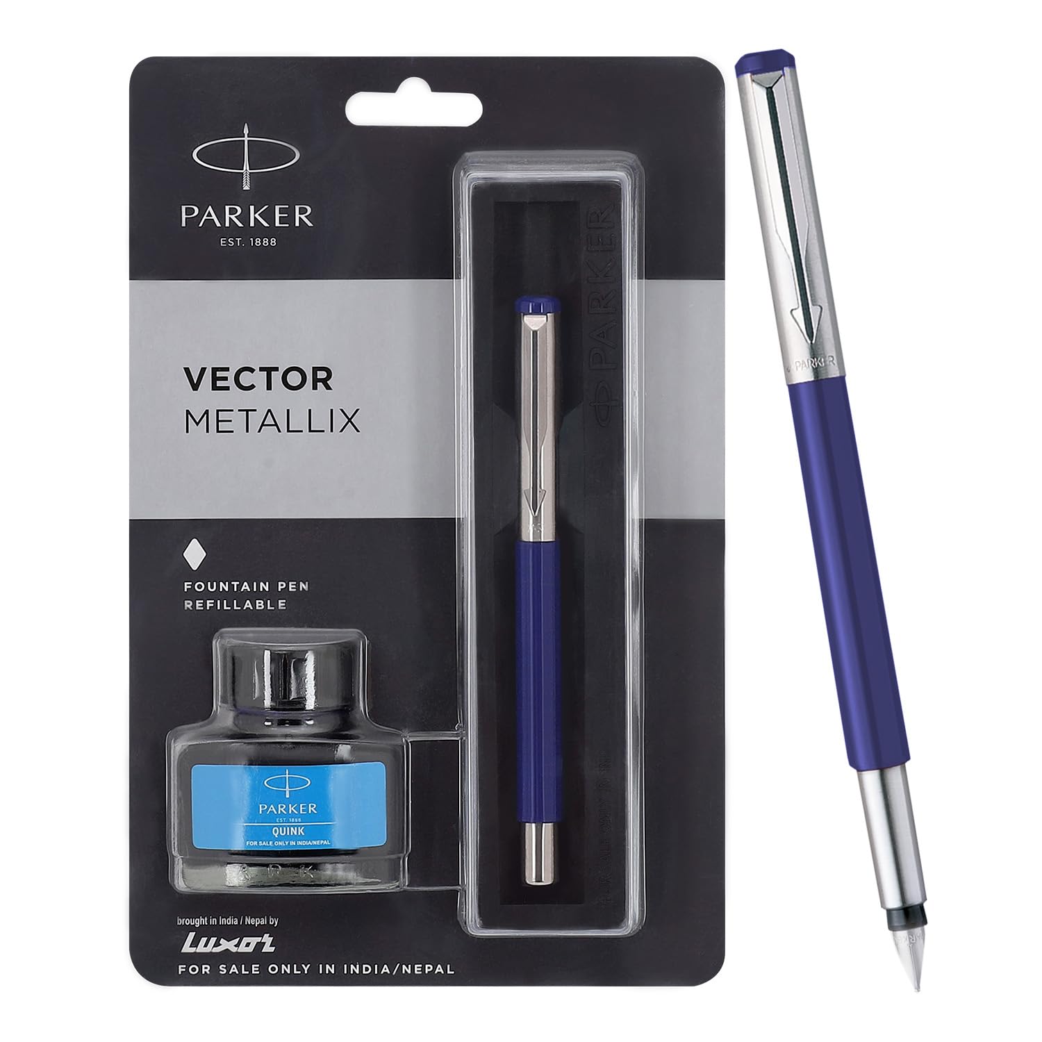 Parker Vector Mettalix Fountain Pen with Quink Ink Bottle | Ink Color Blue | Blue Body with Chrome Trim, Refillable Fine Nib Pen | Smooth Writing Gift Set for Students, Writers, and Professionals