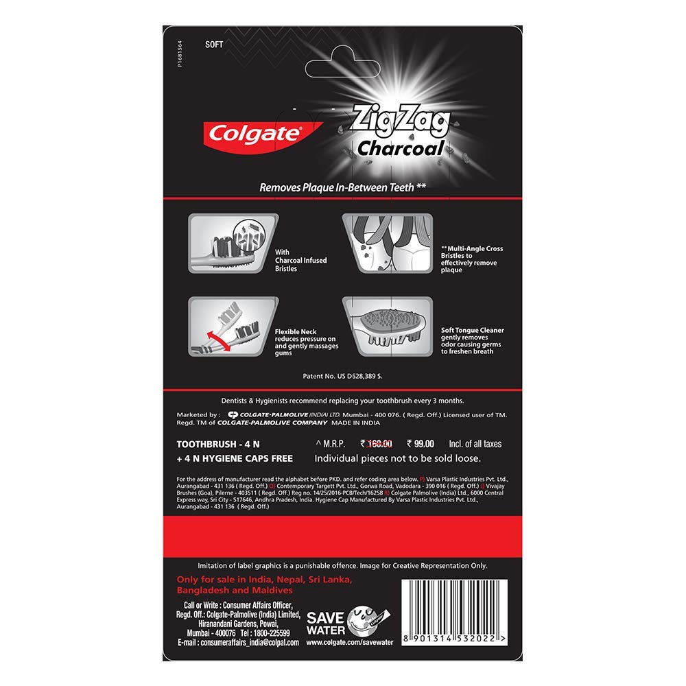 Colgate ZigZag Charcoal Soft Bristle Manual Toothbrush for adults - 4 Pcs, Removes Germs in Between Teeth, Soft-tongue cleaner, Antibacterial bristles – view 7
