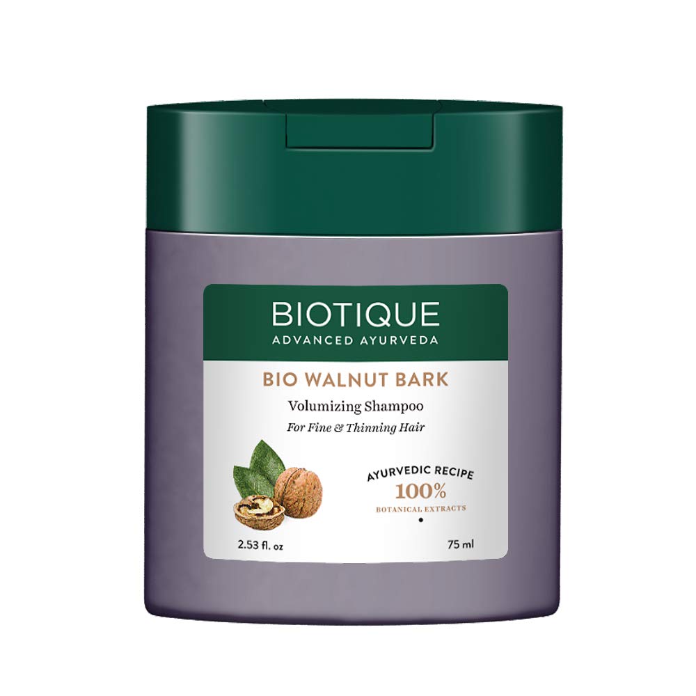 Front view of Biotique walnut volumizing shampoo 75 ml bottle