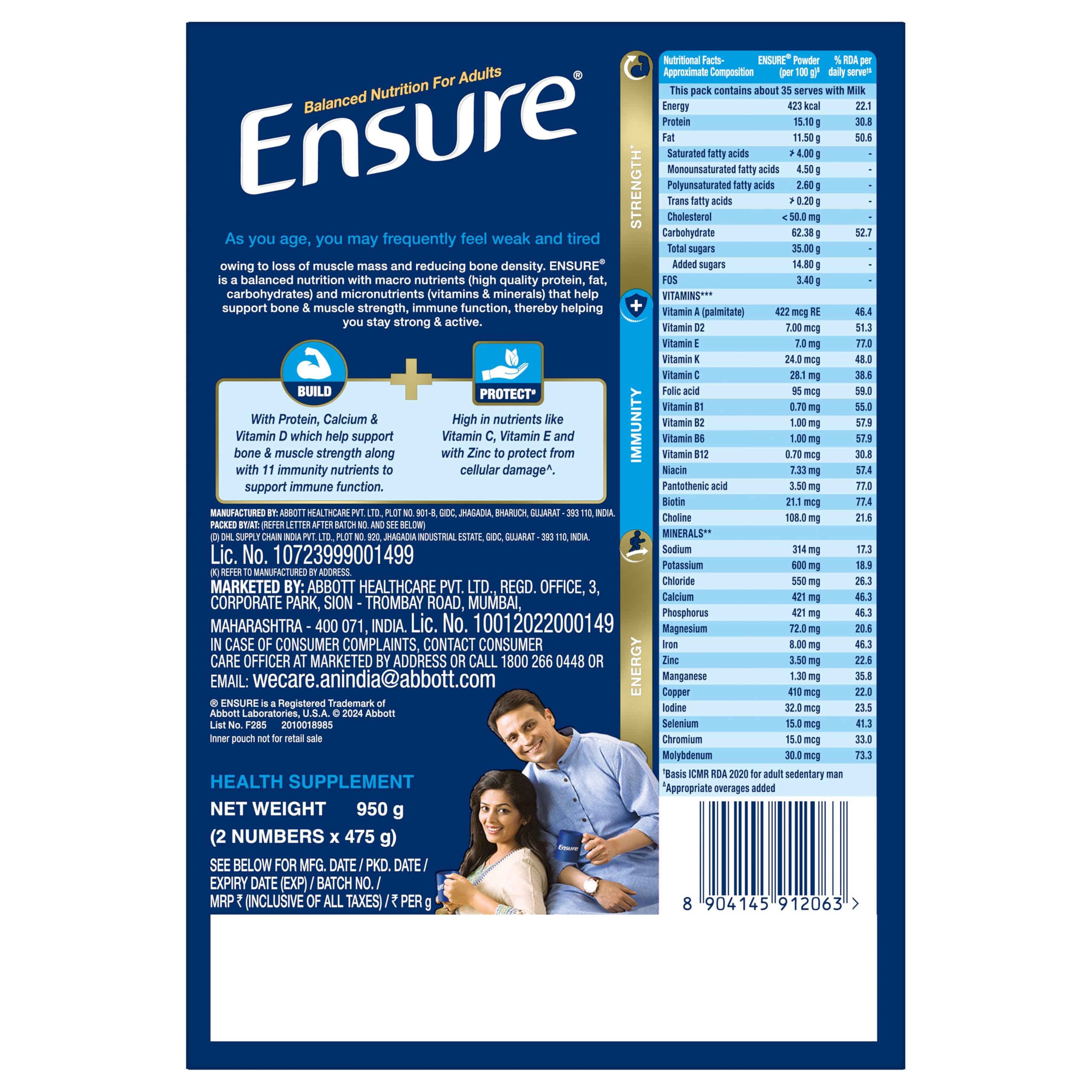 Ensure No 1 Nutritional Supplement Drink in the world, 32 nutrients High Protein,Calcium,Vit D, Vanilla 950g/1kg, Wt may vary, Powder, 1 count, 35 servings – view 3