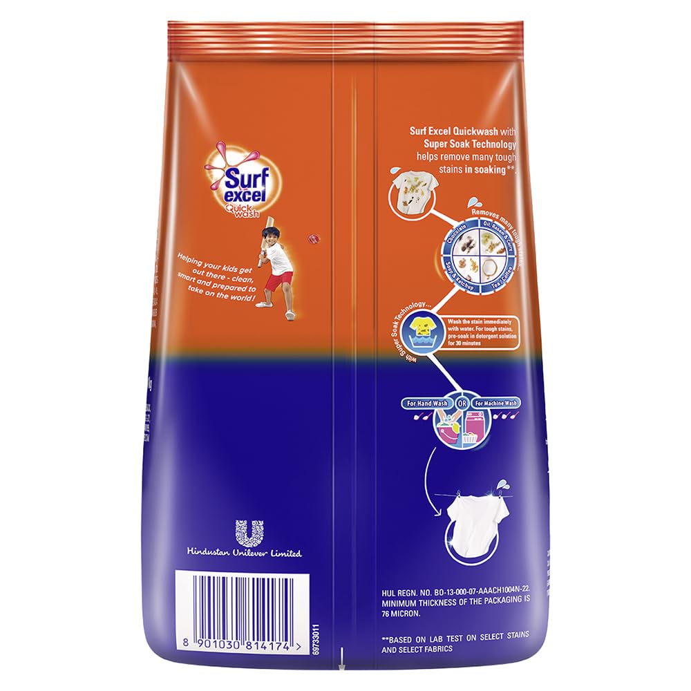 Surf Excel Quick Wash Detergent Powder 1 Kg, Washing Powder With Lemon & Bleach To Remove Tough Stains On Clothes - Bucket & Machine Wash, 1 Count – view 2
