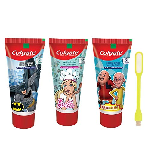 Bubble fruit kids toothpaste bundle with three character tubes and USB LED
