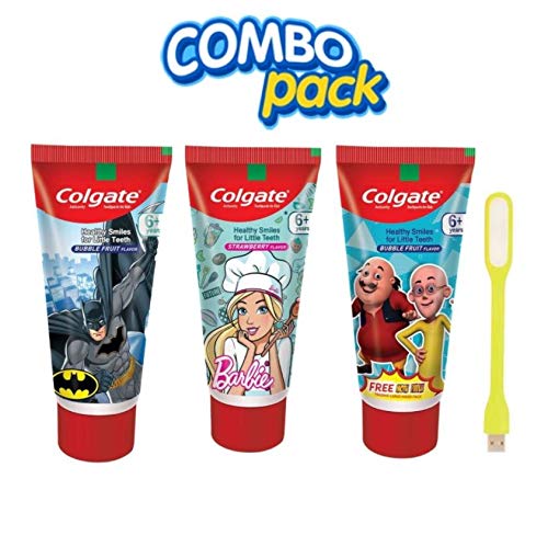 Colgate Kids Toothpaste Batman + Barbie + Motu Patlu Anticavity Toothpaste For Kids - 80g + 80g + 80g (Bubble Fruit Flavour) (Free USB LED) – view 3