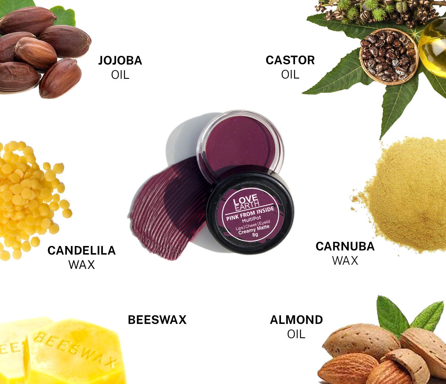 Love Earth Lip Tint & Cheek Tint Multipot - Pink From Inside With Richness Of Essential Oils & Vitamin E For Lips, Eyelids And Cheeks, Creamy Matte - Purple – view 4