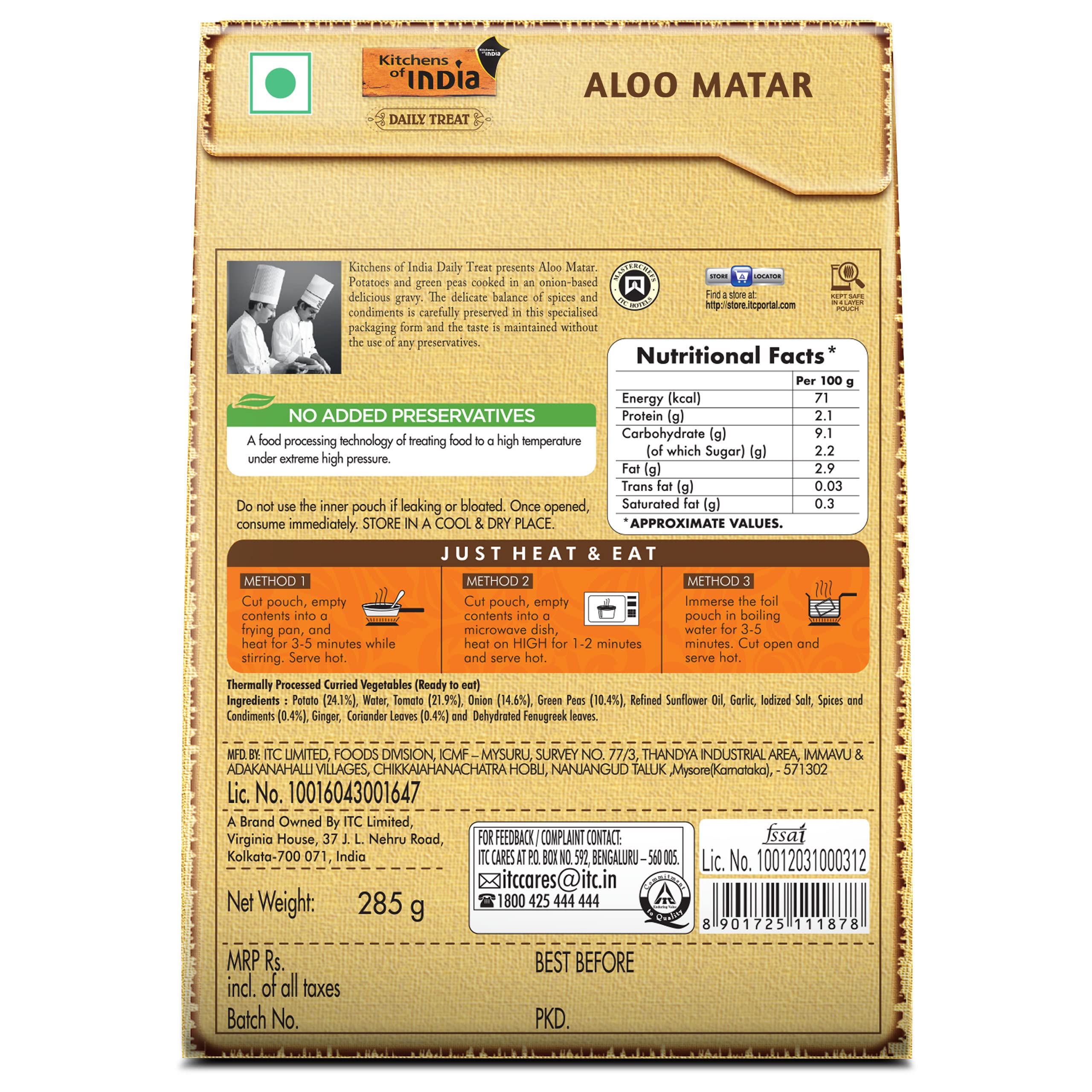 Kitchens of India Aloo Matar, ITC Ready to Eat Indian Dish, Just Heat and Eat, 285g – view 2