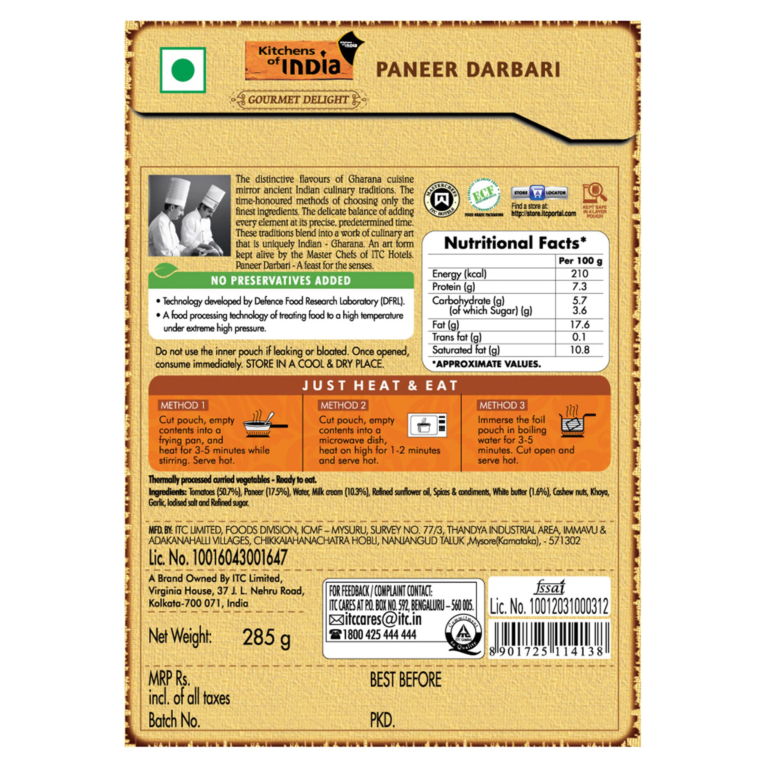 Kitchens of India Paneer Darbari, ITC Ready to Eat Indian Dish, Just Heat and Eat, 285g – view 2