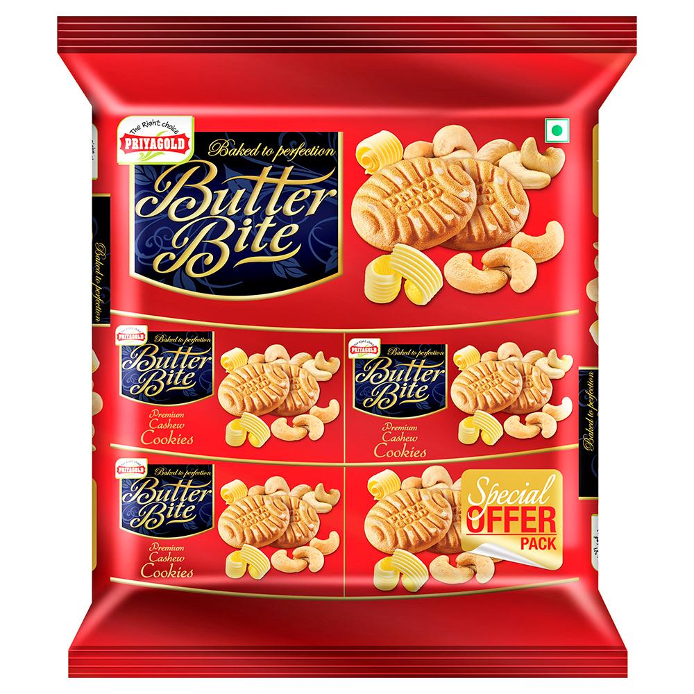 Priya Gold cashew cookies biscuit pack on white background