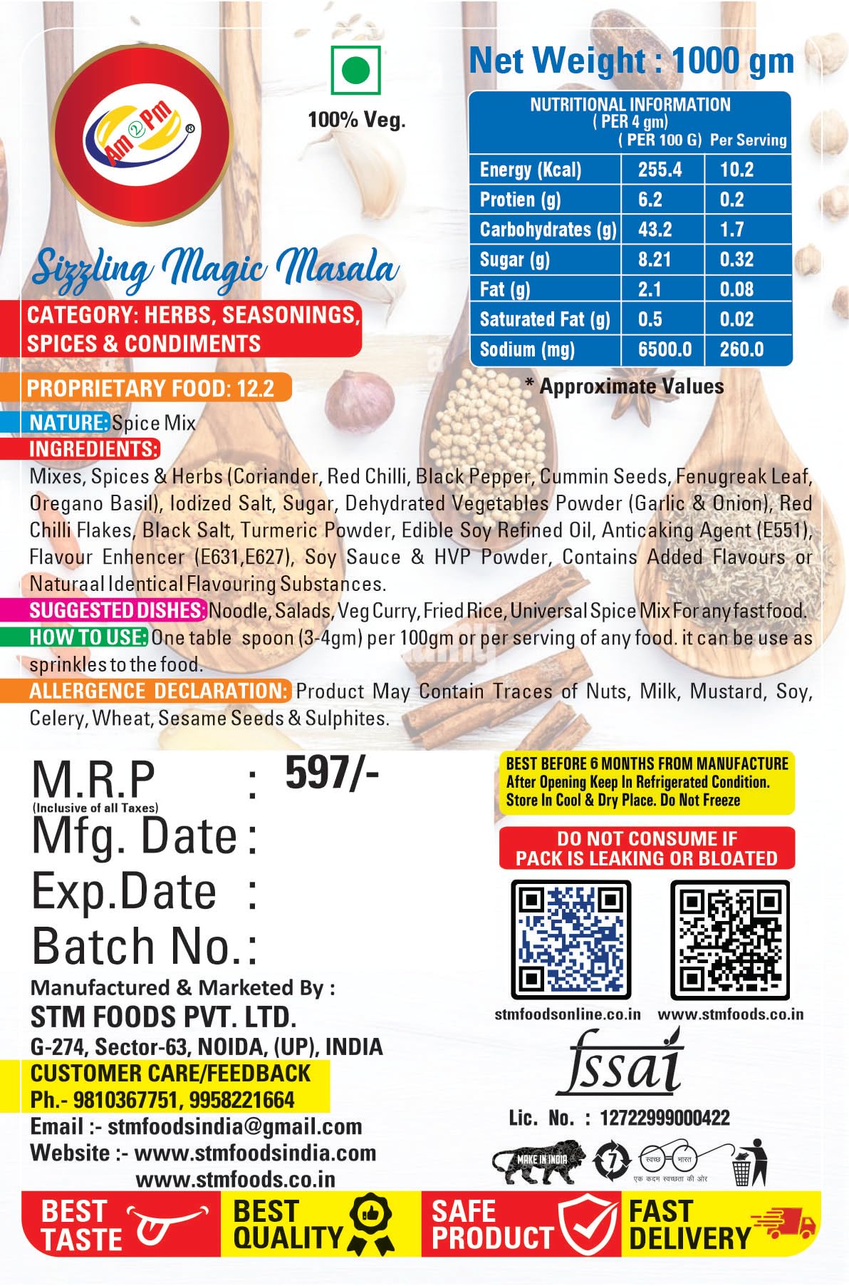 Am 2 Pm - Sizzling Magic Masala 1kg Tasty Masala Powder Mix Dry Easy To Cook & Ready To Eat Food – view 3