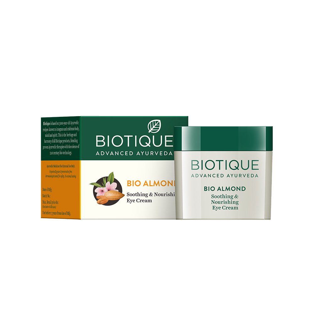 Biotique under eye cream jar with almond anti-ageing formula