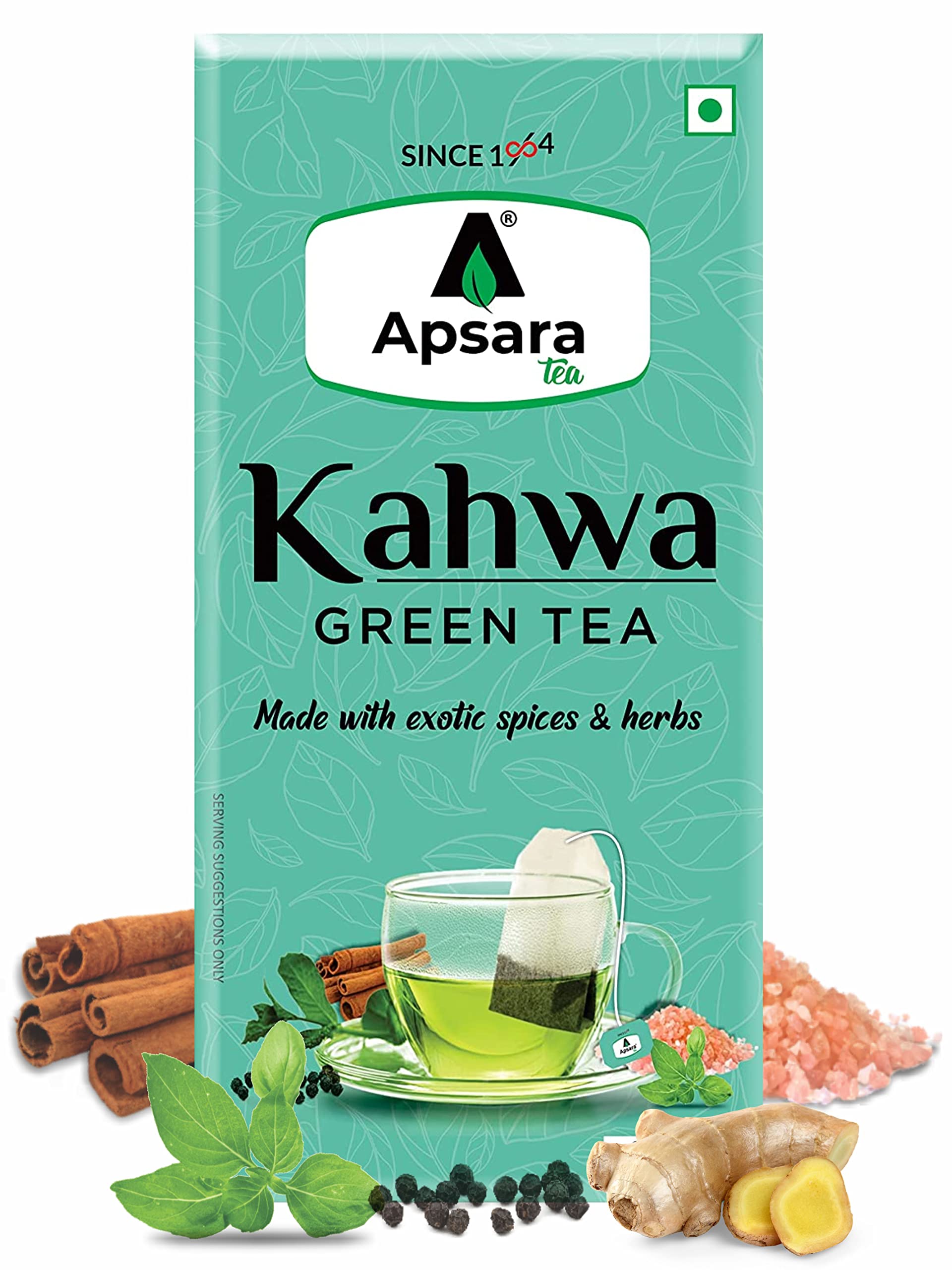 Box of APSARA spiced kahwa green tea bags