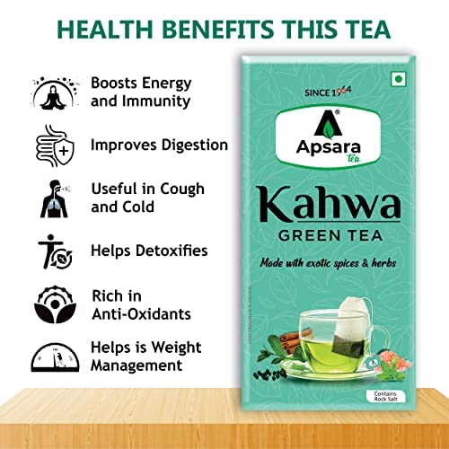 APSARA Detoxifying Kahwa Green Tea - 10 Tea Bags, Spiced Kashmiri Detoxifying Kahwa Green Tea, Natural Body Cleanse & Immunity Booster, Blended with Rock Salt, Tulsi, Cardamom, Cinnamon, Black Pepper, Ashwagandha Tea – view 3