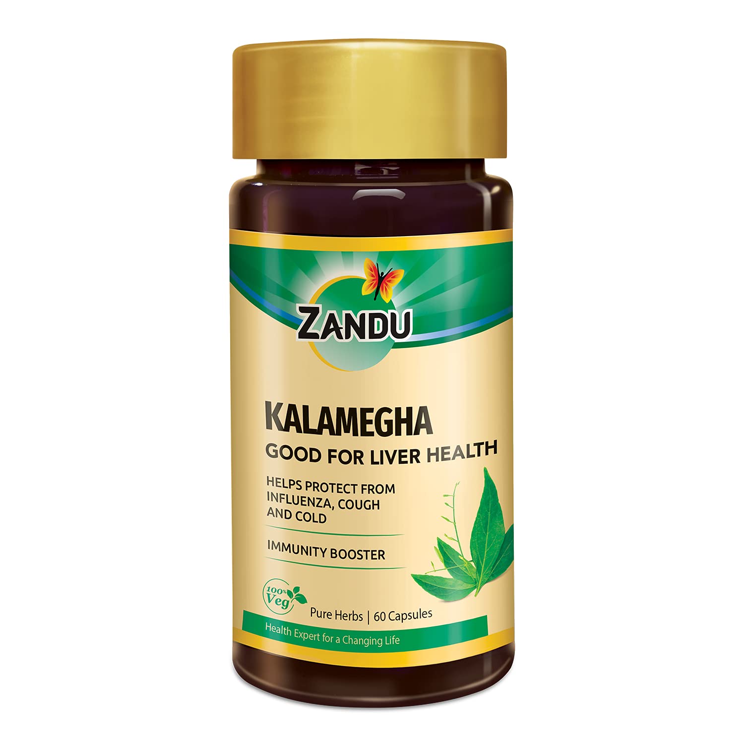 Front view of Zandu Kalamegha adult vegetarian capsule bottle
