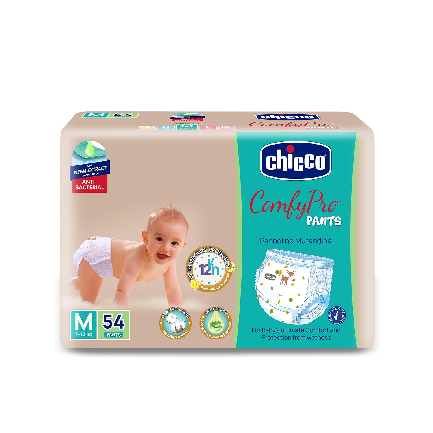 Chicco Comfy-Pro Pant Style Baby Diapers | Anti-bacterial benefits | Ultra Soft & 12hrs protection | Wetness indicator & Disposing Tapes - Medium, 54 Count, 7-12 Kg