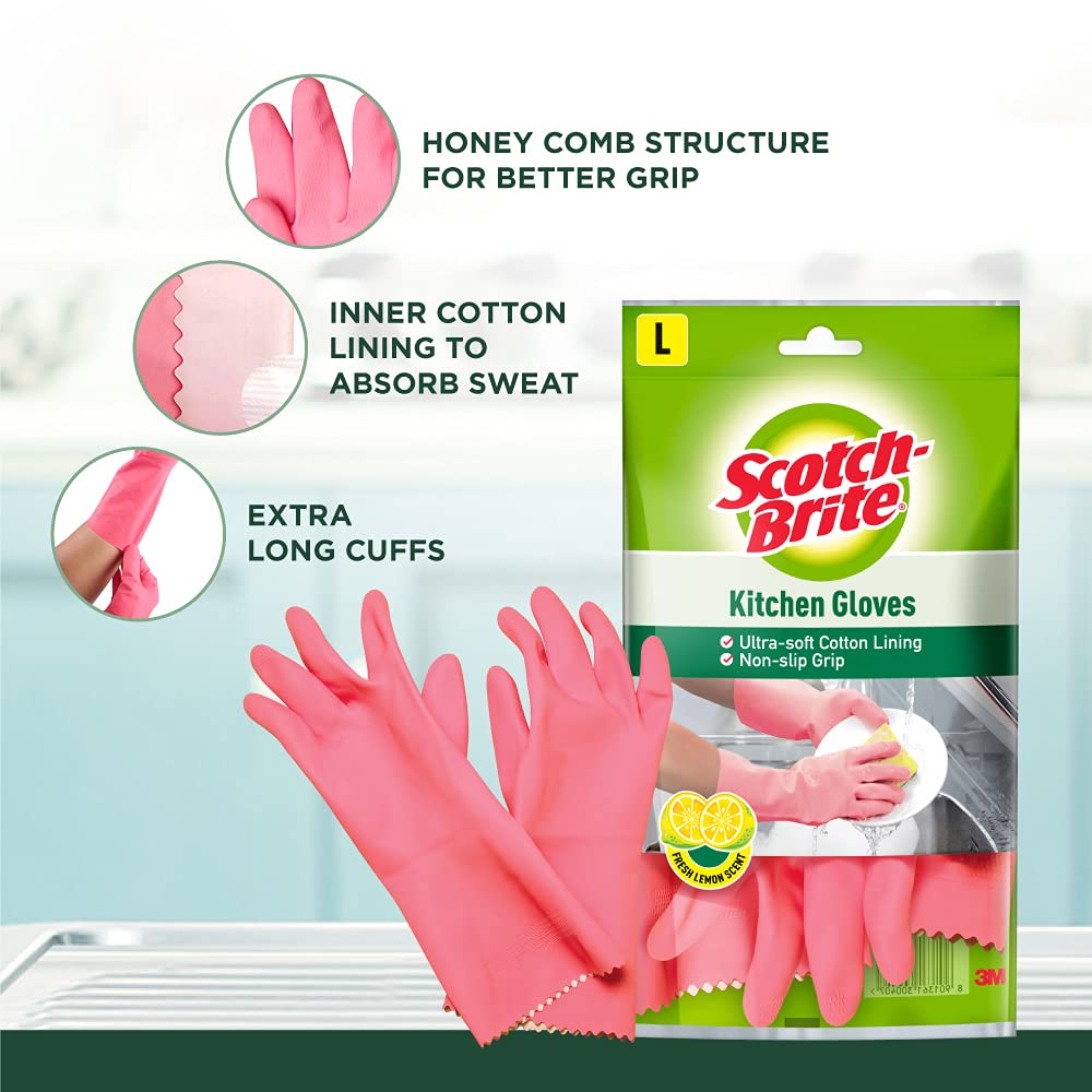 Scotch-Brite Lemon Scented Kitchen Gloves, extra long cuffs for mess-free hands , better grip, inner lining for Sweat absorption (Large, 1 pair) – view 2