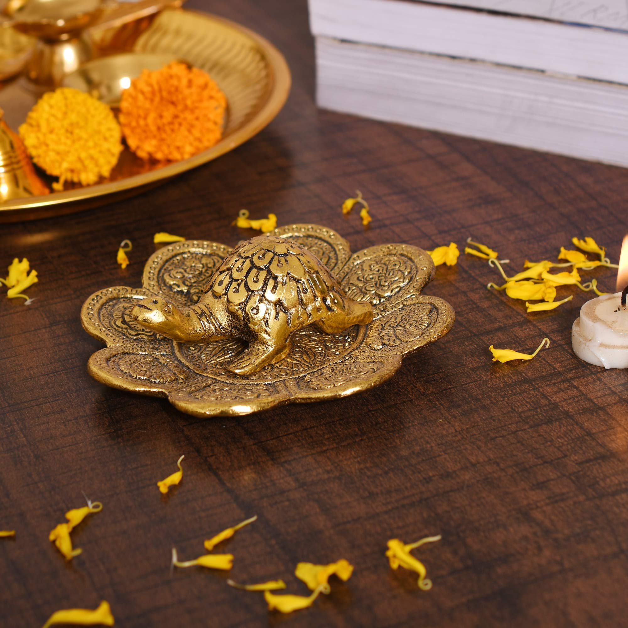 Collectible India Metal Feng Shui Tortoise On Plate Showpiece - Gold Tortoise for Good Luck Money - Best Gift for Career and Good Luck Vastu - Gift for Girlfriend Her Him Mom Dad. – view 3
